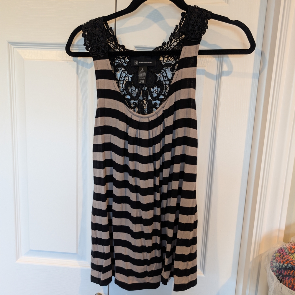 INC International Concepts Lace-Back Striped Tank Top - Black & Taupe